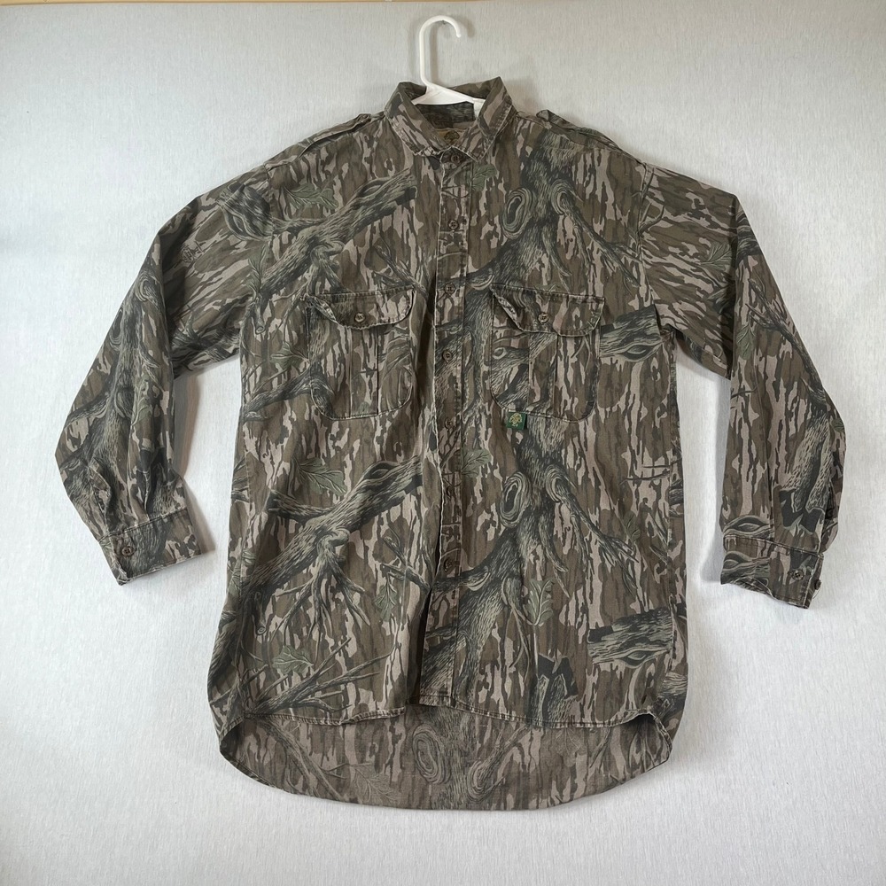 Vintage Mossy Oak Bottomland Camo Shirt Men L USA Made Tree Bark Hunting 1990s